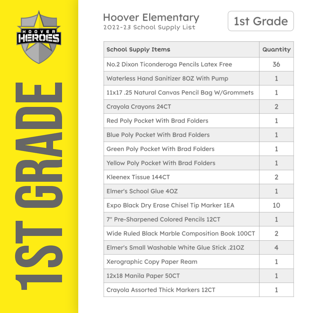 1st Grade School Supply List